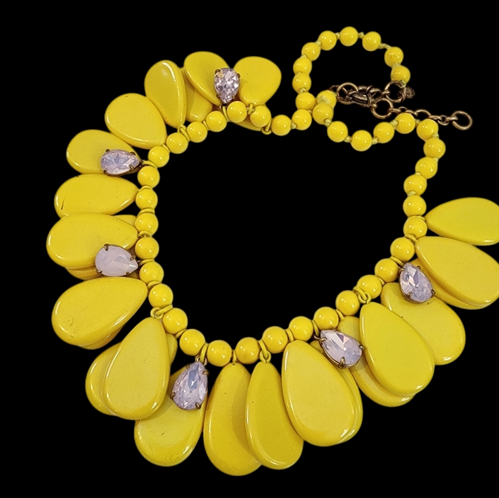 Vintage J. Crew statement necklace yellow teardrops pink rhinestones chunkyA0266 - Picture 9 of 13